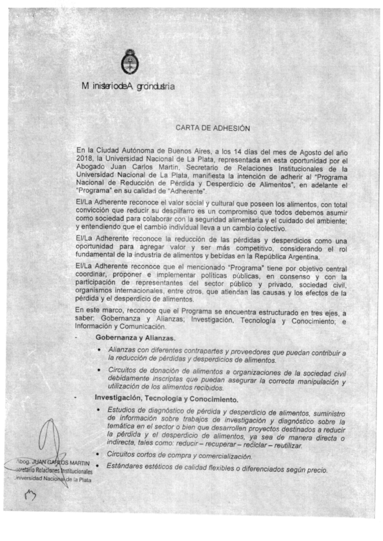 Carta de adhesión UNLP - Ministerio de Agroindustria de la Nación